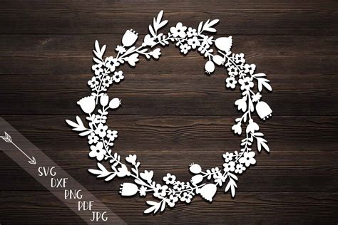 Download Free Floral Wreath SVG, Papercut Template, Flowers Cutting File DXF, PDF Crafts